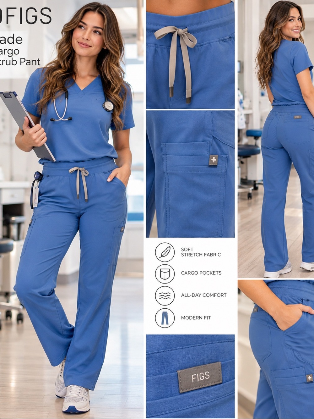 FIGS Kade Cargo Scrub Pants Blue MR NWT Medical Workwear